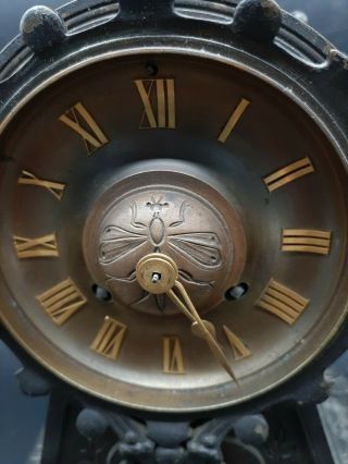 Antique 19thC French ? Bronzed Mantle Clock / Runs Wasp / Insect ? On Dial /Key 2