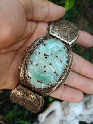 Antique Chinese Jade Filigree Silver Bracelet
