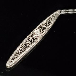 Art Deco Era Diamond 14k Gold Filigree Pendant 10k Chain Necklace 1920s Gift