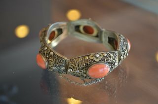 Vintage Chinese Gold Wash Sterling Silver Filigree Enamel Coral Bracelet