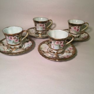 Nippon Antique Heavy Gold Moriage Hand Painted Roses Demitasse Cup & Saucers 4