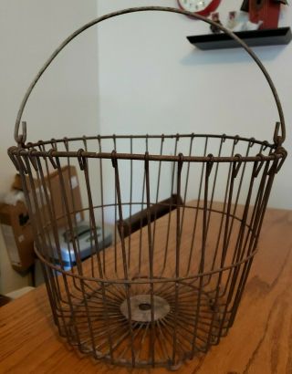 Vintage Primitive Metal Wire Egg Gathering Basket W/ Bail Handle.  Staley Feeds.