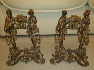 Art Nouveau Bronze Finish Cast Iron Maiden & Cherub Unicorn Frames Pair 13 " High