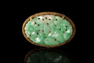 Old Chinese Carved Apple Green Jadeite Flower Gilt Metal Pin Brooch D118 - 06