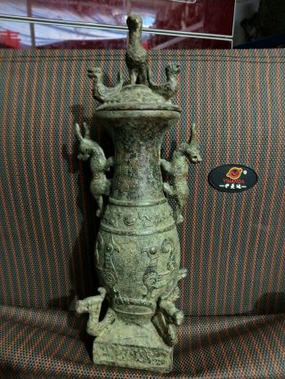 China Bronze Ware Niu Beast Pixiu Brave Troops Phoenix Text Vase Bottle Jar Jug