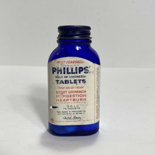Vintage Blue Glass Bottle Phillips Milk Of Magnesia Tablets 50 Full