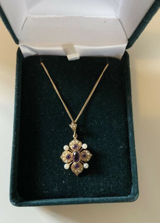 Amythest And Pearl Victorian Antique Vintage 9 Carat Gold Pendant Necklace