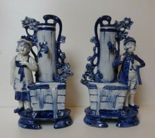 Antique Large Rauenstein Delft Delftware Blue Vases Figurine Pair Porcelain