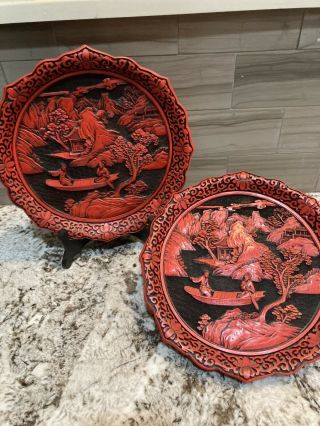 Large 9.  5 " Vintage/antique Chinese Carved Cinnabar Lacquer Plate Set Of 2