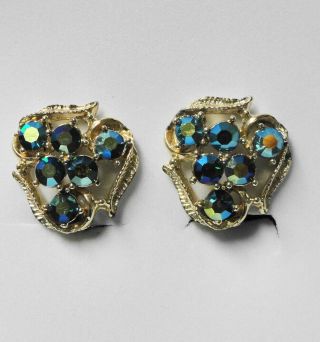 Vintage Gold - Tone & Blue - Green AB/Aurora Borealis Rhinestone Clip - Back Earrings 3