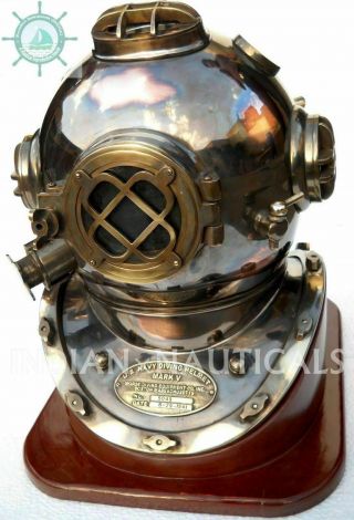 Us Navy Model Mark V Copper Brass 18 " Diving Divers Helmet With Wooden Base Rc07