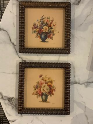 Vintage Wood Art Deco Framed Floral Flowers In Vase Still Life Print 7x7
