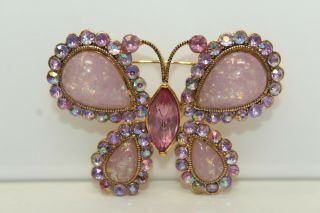 Vintage Goldtone Lavender Purple Ab Rhinestone Butterfly Brooch Pin M
