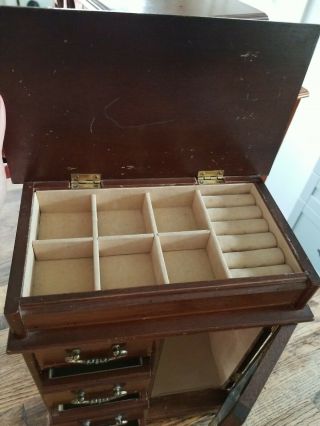 Vintage Wood Jewelry Box Chest 4 Drawer Etched Glass Door 6 2