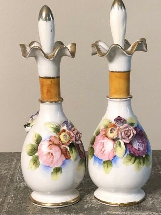 Vintage Thames Porcelain Dresser Vanity Set 2 Perfume Bottles W/ Stoppers Roses