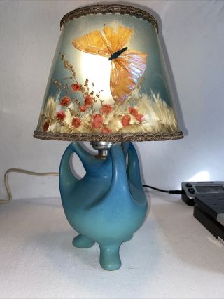 Antique Tri - Handle Van Briggle Pottery Table Lamp Butterfly Shade.