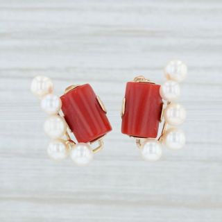 Vintage Precious Coral Cultured Pearls Earrings 14k Gold Non Pierced Screw Back
