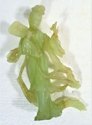 Gemologist Chinese Green Jade Figure Of A Woman,  Older Carving