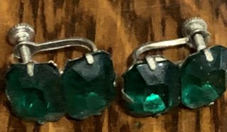 1920’s Vintage Sterling Silver Screw Back Green Cut Glass Earrings