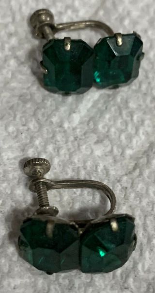 1920’s Vintage Sterling Silver Screw Back Green Cut Glass Earrings 2