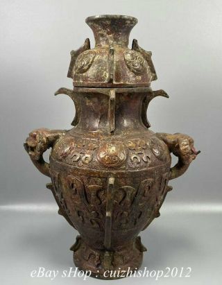 27cm Old China Bronze Ware Dragon Lion Beast Vase Bottle Pot Jar Crock Statue