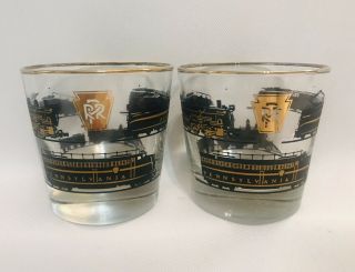 2 Vintage Libbey Pennsylvania Railroad Black Gold Drinking Glasses Cocktail