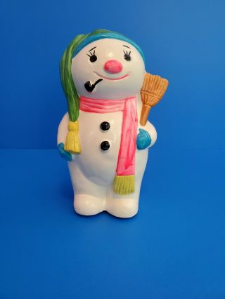 Vtg Hand Painted Ceramic Snowman Bank Rubber Stopper Made In Japan