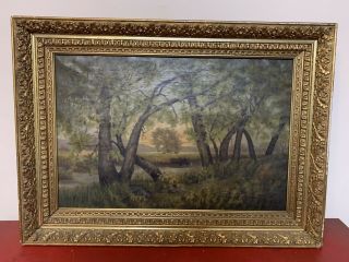 Antique Oil On Canvas Landscape Painting Framed 1 Of 1