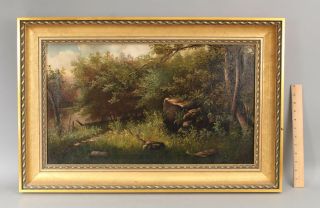 19thc Antique American Wooded Forest Landscape Oil Painting & Gilded Frame Nr