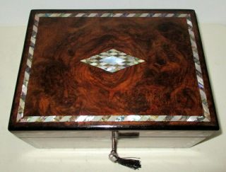 Stunning Victorian Walnut,  Mother Of Pearl & Abalone Inlaid Box With Key