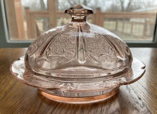 Vintage Pink Depression Glass Covered Butter Dish Cherry Blossom Pattern