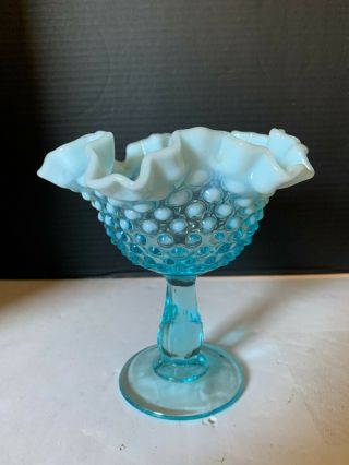 Vintage Fenton Art Glass Blue Opalescent Hobnail Pedestal Candy Dish
