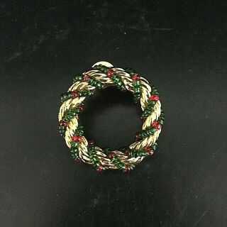 Vintage Avon Gold Tone Christmas Wreath Lapel Pin Red & Green Glass Beads Gift