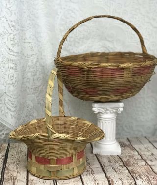 Vintage Woven Wicker Bonnet Easter Basket Mexico Green Band Large Round Handle 2