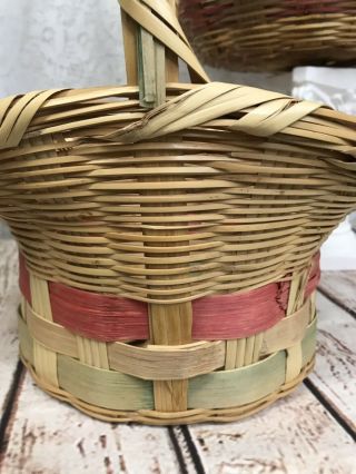 Vintage Woven Wicker Bonnet Easter Basket Mexico Green Band Large Round Handle 2 2