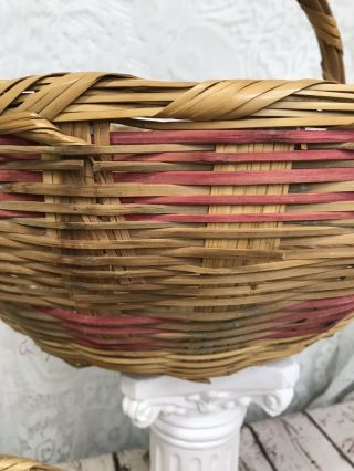 Vintage Woven Wicker Bonnet Easter Basket Mexico Green Band Large Round Handle 2 3