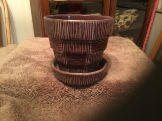 Vintage Mccoy Brown Basket Weave 5” Flower Pot Or Planter With Attached Saucer