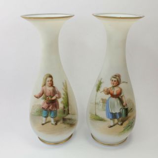 Pair Bristol Glass Vases Antique Victorian 19th Century Hand Painted Ladies