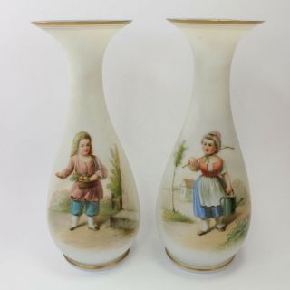 Pair Bristol glass vases antique Victorian 19th century hand painted ladies 2