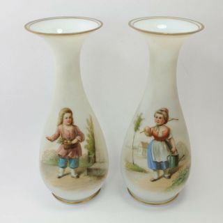 Pair Bristol glass vases antique Victorian 19th century hand painted ladies 3