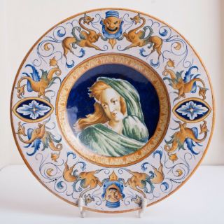 Antique Italian Deruta Majolica Portrait Plate/charger Girl Woman Griffin Dragon