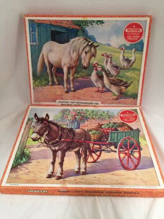 Rare Vintage Victory Hand - Cut Wooden Jigsaw Puzzles England Set Of 2 Pony/donkey