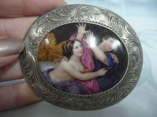 Antique Hand Painted Porcelain Plaque Brooch W/chased Sterling Frame