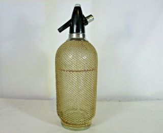 Vintage Soda Syphon Glass Seltzer Bottle With Gold Metal Wire Chain Mesh