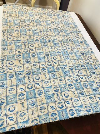 Vintage Fabric Blue Delft Tile Print Cotton Remnant 1950s 1960s 60 