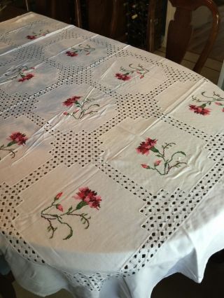 Vintage Rectangular Carnation Embroidered Cross Stitch Tablecloth 72” X 52”