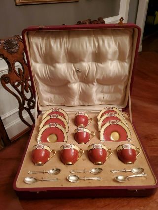 Royal Worcester Cased Tea Set Mappin Webb Sterling Cups Saucers Yellow Red Gold