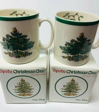 Set Of 2 Vintage Spode Christmas Tree W Green Band Coffee Tea Mugs In Orig Boxes