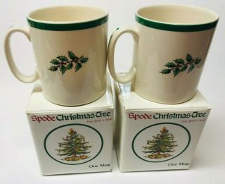 SET OF 2 VINTAGE SPODE CHRISTMAS TREE W GREEN BAND COFFEE TEA MUGS IN ORIG BOXES 3