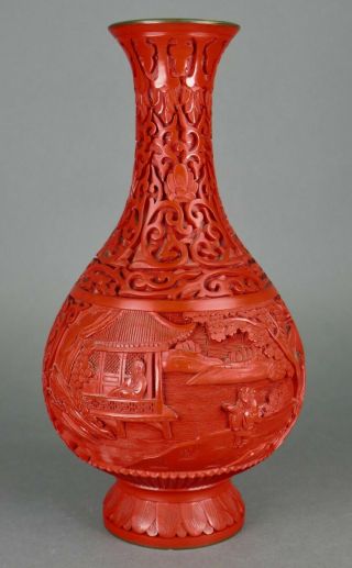 Fine Old Chinese Carved Cinnabar Lacquer Scholar & Attendant Landscape Vase
